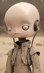 an odd looking toy wearing headphones is standing on sand