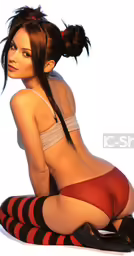 a woman in red tights sitting down