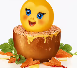 a yellow duck sits atop a wooden stump,a food sculpture has an orange sitting in a banana