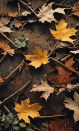 several yellow leaves laying on the ground