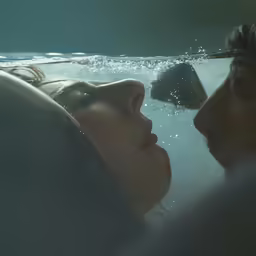 a woman and man are floating in water together