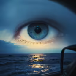 a close - up image of the front of a car, looking into a blue eye that is reflecting the sky and the ocean