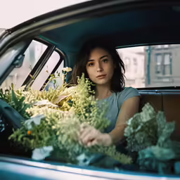 the woman is sitting in the back seat of the car