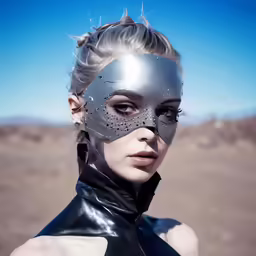 a woman in a black dress and a mask