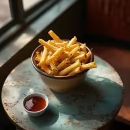 a bowl of french fries is sitting on a table with ketchup