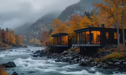 this is a photograph of some house on the side of a river