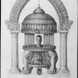 the figure in the cage is surrounded by pillars