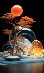 some rocks and trees are on display with oranges