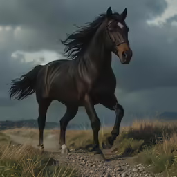 a horse is running through the grass on a cloudy day