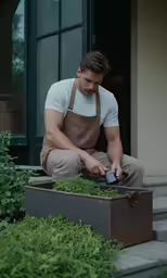 a man in an apron with a bottle and a box of plants