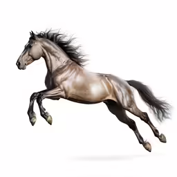 a black and white horse is jumping through the air