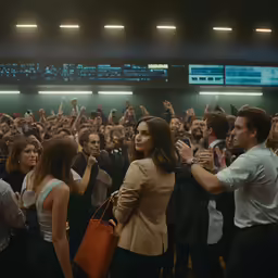 a group of people are in an auditorium with their hands in the air