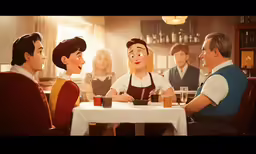 a man and woman are talking at the table