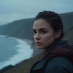 a close up of a woman with an ocean and mountain in the background