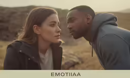 a man and woman on a dirt field with mountains in the background