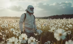 a man in a white suit and a helmet walking through a field full of daisies