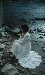 a woman sitting on the ground with her hands in her hair