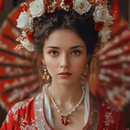 an oriental lady wearing pearls and flowers with parasol