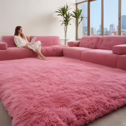 the woman is sitting on the couch by the rug