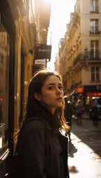 a woman stands on a city sidewalk in the sunlight