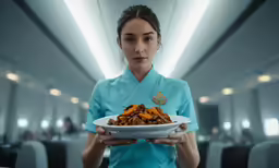 a woman holding a plate with some fried food in it
