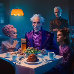 two children are sitting around a table with the villain character, the addor and their mother