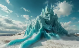 an icy mountain with ice crystals and a blue dragon like creature on top