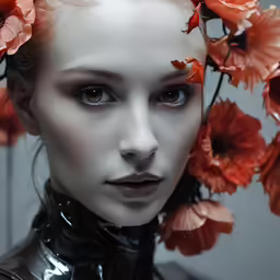 a girl is standing and wearing plastic clothing and flowers