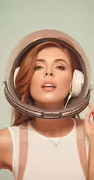 young woman in space suit and headphones holds her face against the surface