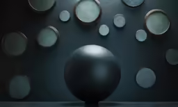 the sphere sits in front of a dark wall, surrounded by several circles