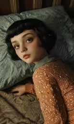 a doll lying next to a pillow in bed