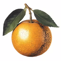 an orange with leaf and water drops on it