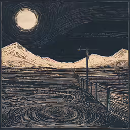 a painting on the cover of a book, with mountains and hills in the background,a drawing of a night sky with mountains in the background