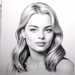a black and white drawing of a beautiful woman with long blonde hair
