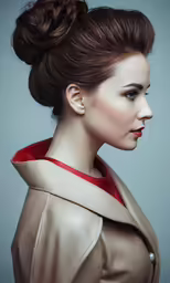 a woman with a large coat and red top knot