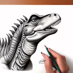 a drawing of a tyransaurus dinosaur,a person drawing a dinosaur