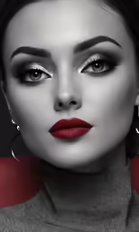 a model with black hair wearing red lipstick and silver glitter eyeliner