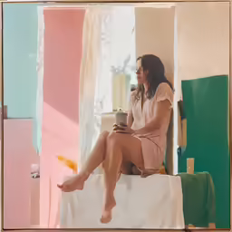 woman in pink dress sitting on the bed looking at her phone