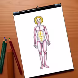 a clipboard is shown on a desk, with a drawing of a man in a skeleton suit,a drawing of a man with cross on his chest