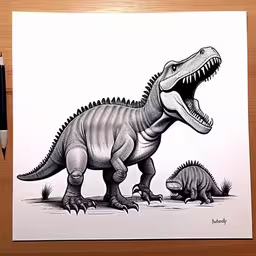 a drawing of an adult dinosaurs with a baby,a pen and ink drawing of a dinosaur