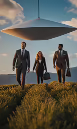 three people walk down a grass field in suits and ties