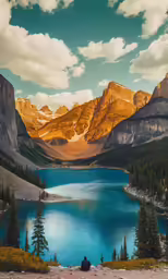 a man standing in front of a lake with mountains and trees in the background