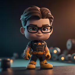 a batman action figure with glasses and black background