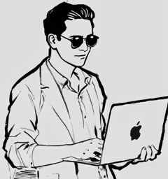 a black and white line drawing of a man with a laptop