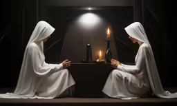 two nun women in white robes sitting on the floor next to each other