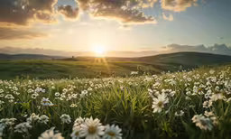 a field with some flowers in the grass