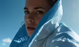 a woman wearing blue is looking directly in to the camera