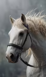 a white horse in the rain standing on dirt