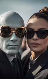 a man and woman wearing suit clothes next to a white man in glasses