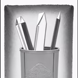 a silver pen holder filled with pens and pencils